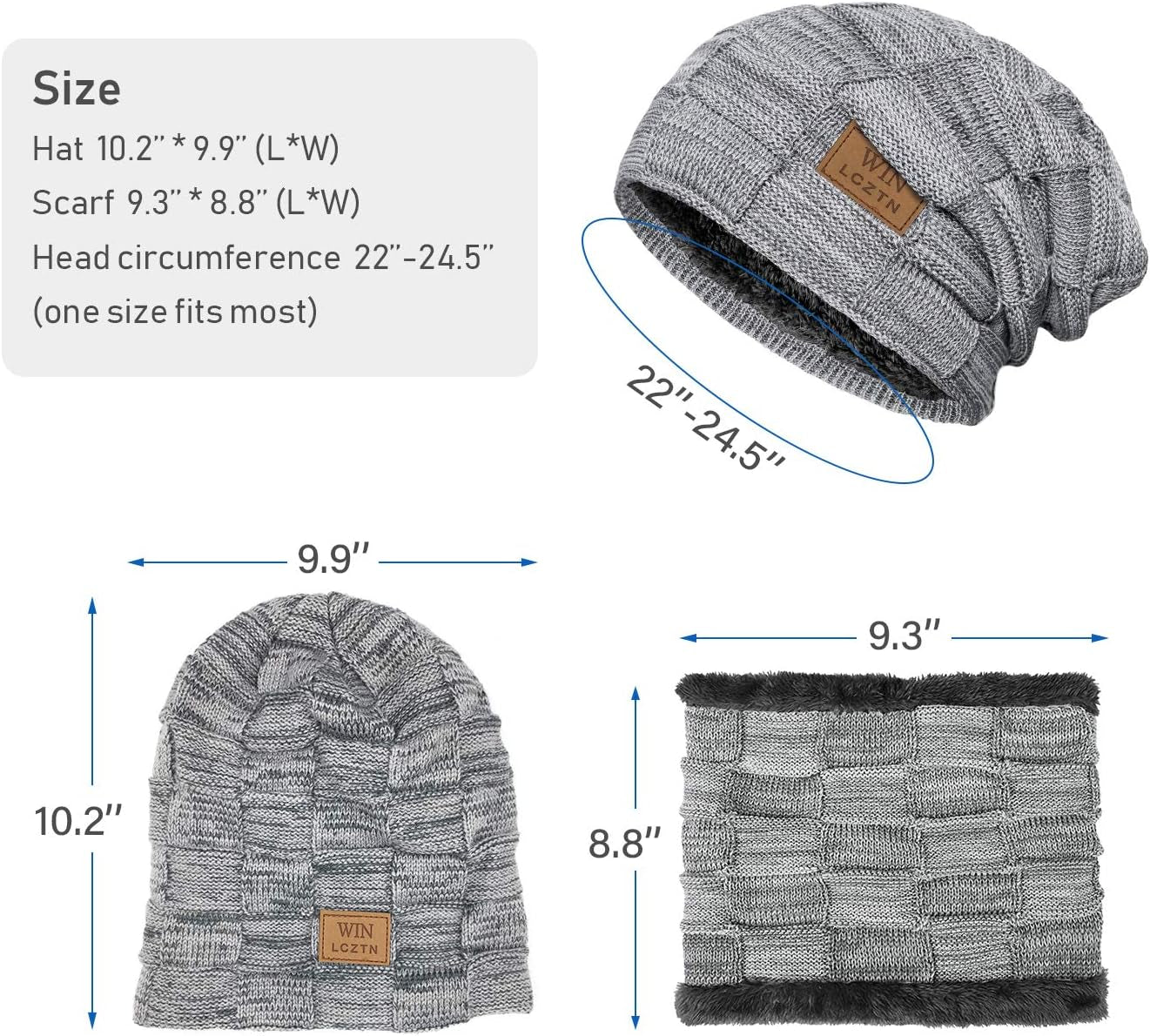 Mens Winter Beanie Hat Scarf Set Warm Fleece Lined Knit Ski Hats Slouchy Skull Cap for Unisex Gift