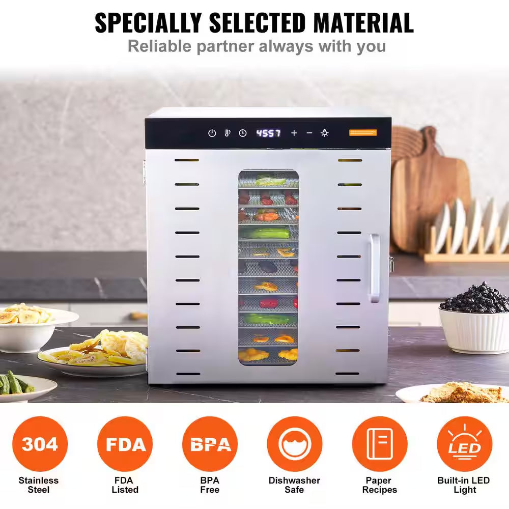 Food Dehydrator Machine, 10-Stainless Steel Trays,1000W Food Dryer with Digital Adjustable Timer & Temperature in Silver