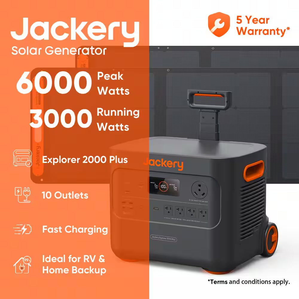 3000W Output/6000W Peak Solar Generator 2000 Plus, Expandable Push Button Start Battery Lifepo4 W/Two 200W Solar Panels