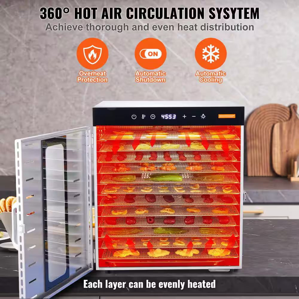 Food Dehydrator Machine, 10-Stainless Steel Trays,1000W Food Dryer with Digital Adjustable Timer & Temperature in Silver