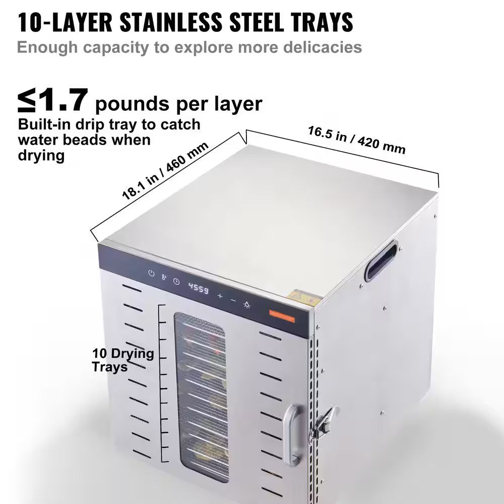 Food Dehydrator Machine, 10-Stainless Steel Trays,1000W Food Dryer with Digital Adjustable Timer & Temperature in Silver