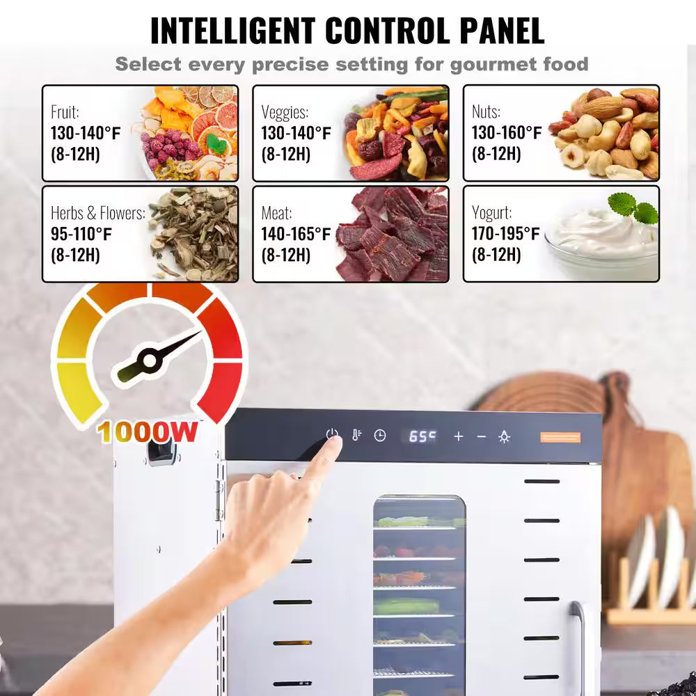 Food Dehydrator Machine, 10-Stainless Steel Trays,1000W Food Dryer with Digital Adjustable Timer & Temperature in Silver