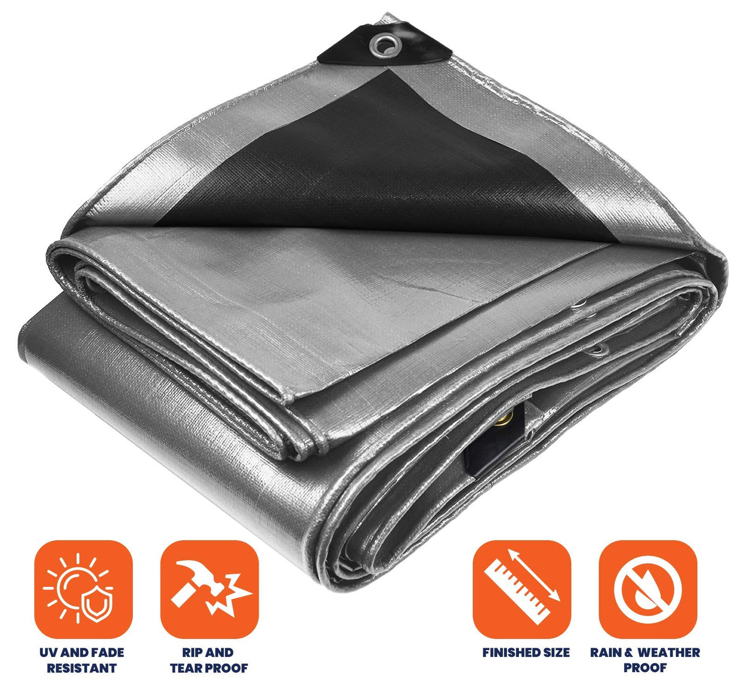 Tarpco Safety Extra Heavy Duty 14 Mil Tarp Cover, Waterproof, UV Resistant, Rip and Tear Proof, Poly Tarpaulin with Reinforced Edges for Roof, Camping, Patio, Pool, Boat (Silver/Black 6′ X 8′)