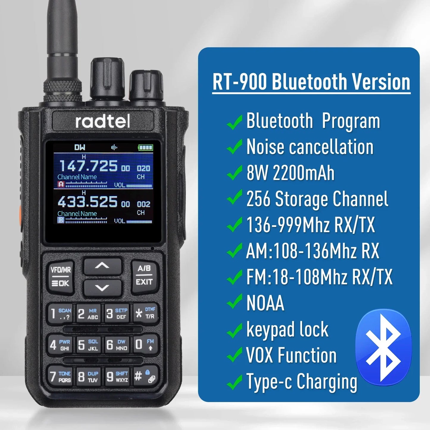 Radtel RT-900 8W Full Band Ham Radio Walkie Talkie 256CH Air Band Two Way Radio Station Aviation NOAA Police Marine River PTT