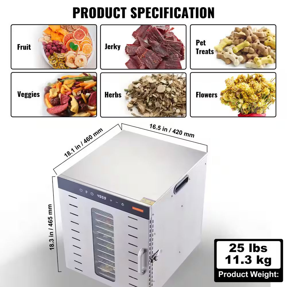 Food Dehydrator Machine, 10-Stainless Steel Trays,1000W Food Dryer with Digital Adjustable Timer & Temperature in Silver