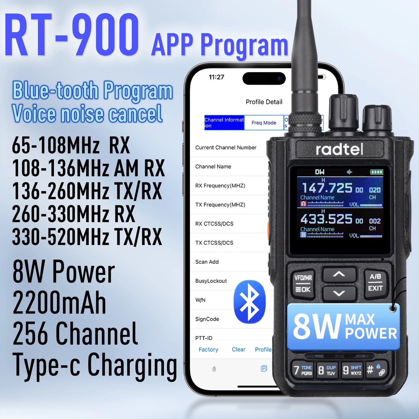 Radtel RT-900 8W Full Band Ham Radio Walkie Talkie 256CH Air Band Two Way Radio Station Aviation NOAA Police Marine River PTT