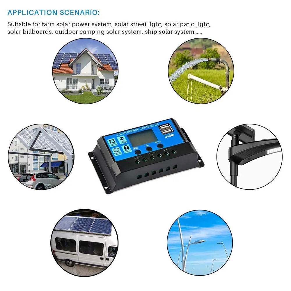 30A20A10A Solar PV Charge Controller 12V24V with LCD Display and Double USB PWM Solar PV Regulators Battery Chargers
