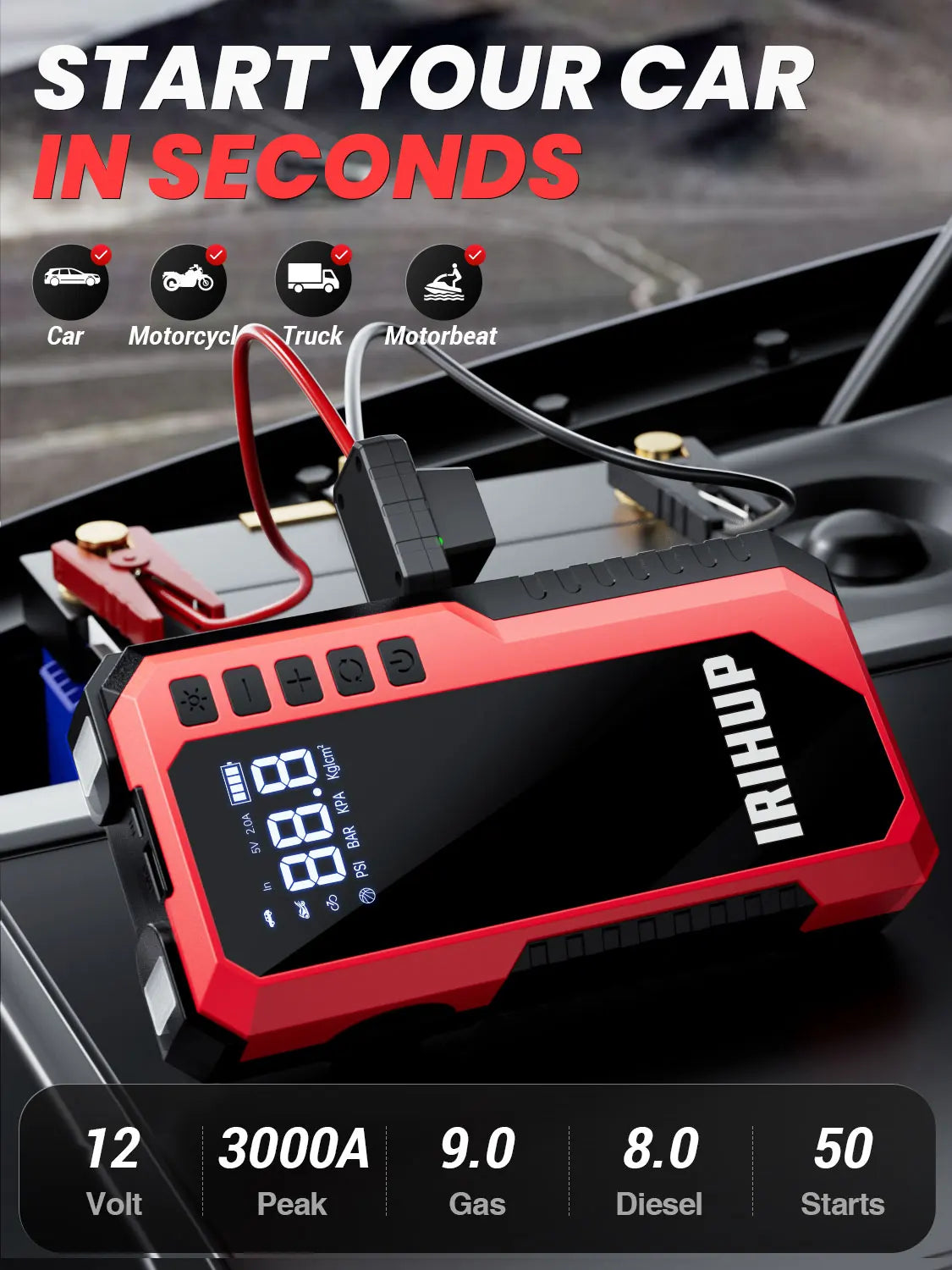 Jump Starter with Air Compressor, 150PSI Portable Tire Inflator & 3000A Car Battery Jump Starter,12V Car Battery Boosterht