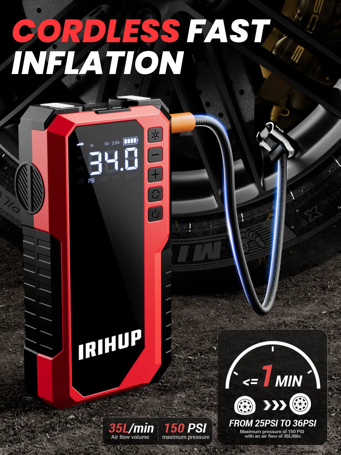 Jump Starter with Air Compressor, 150PSI Portable Tire Inflator & 3000A Car Battery Jump Starter,12V Car Battery Boosterht