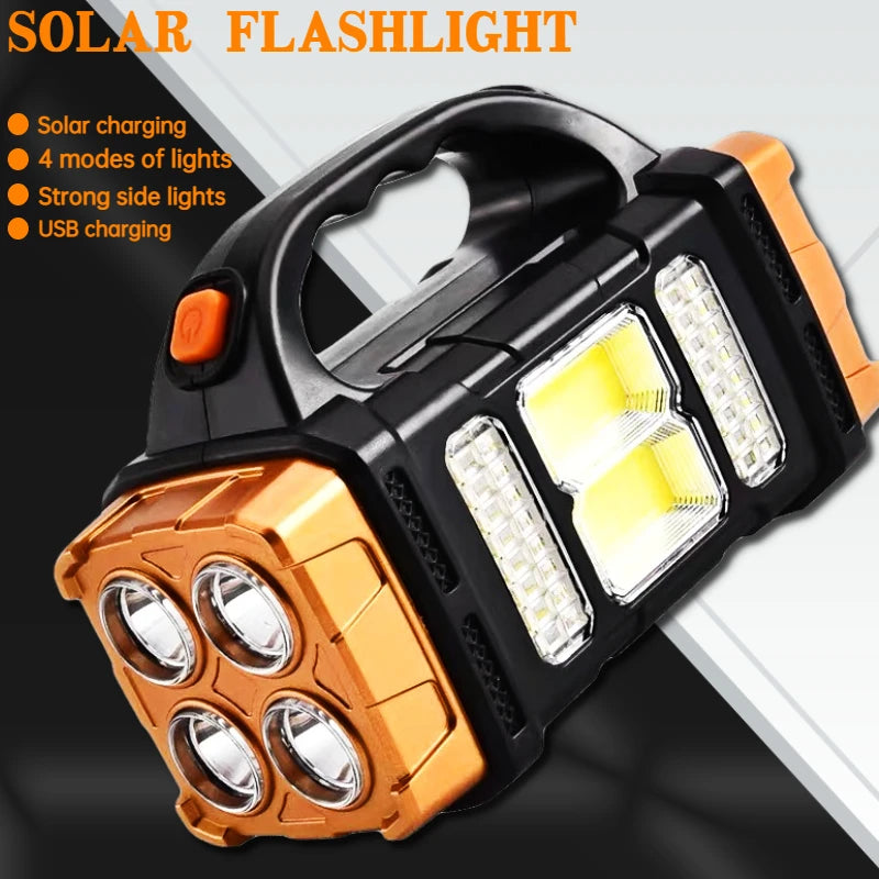 Solar LED Flashlight Portable USB Rechargeable Flashlight Waterproof COB Torch Light Powerful Solar Light for Camping Hiking