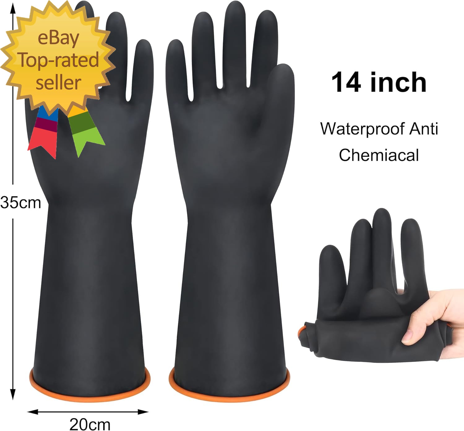 14" XL Size Latex Chemical Resistant Gloves, Reusable Heavy Duty Long Rubber