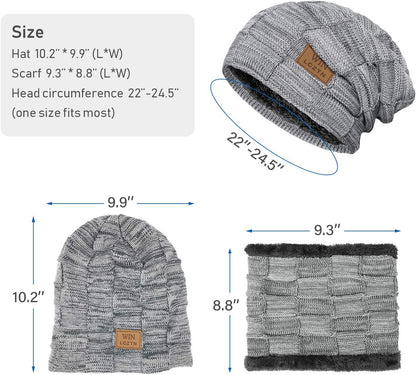 Mens Winter Beanie Hat Scarf Set Warm Fleece Lined Knit Ski Hats Slouchy Skull Cap for Unisex Gift