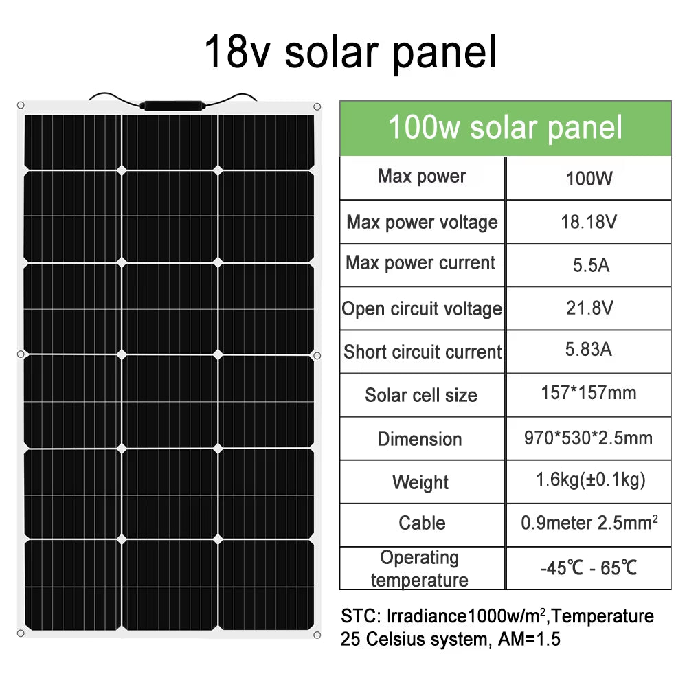 100W 200W 12V Portable Solar Panel Flexible 18V 800W Plate CELLS Monocrystalline Silicon