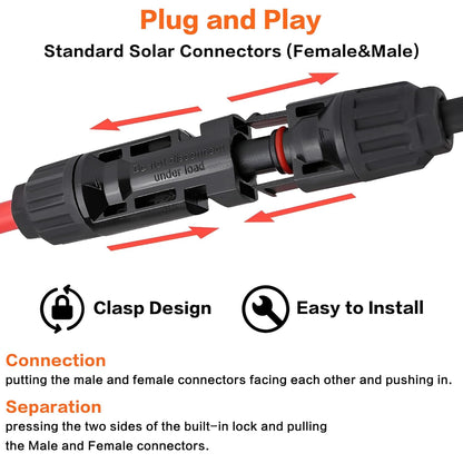 20 Feet 12AWG Solar Extension Cable with Female and Male Connector with Extra Free Pair of Connectors Solar Panel Adaptor Kit Tool(1 Pair 20 Feet Black + 20 Feet Red)