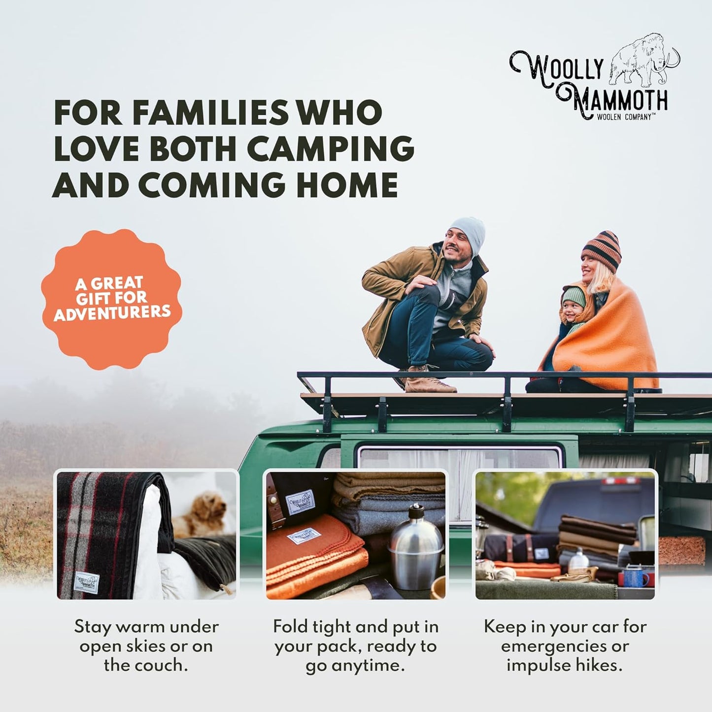 Camping Wool Blanket - 66 in X 90 in Black & Cream Plaid - Heavyweight Merino Wool Outdoor Throw Blanket & Bedroll - Insulating Warm for Winter, Picnic & Travel