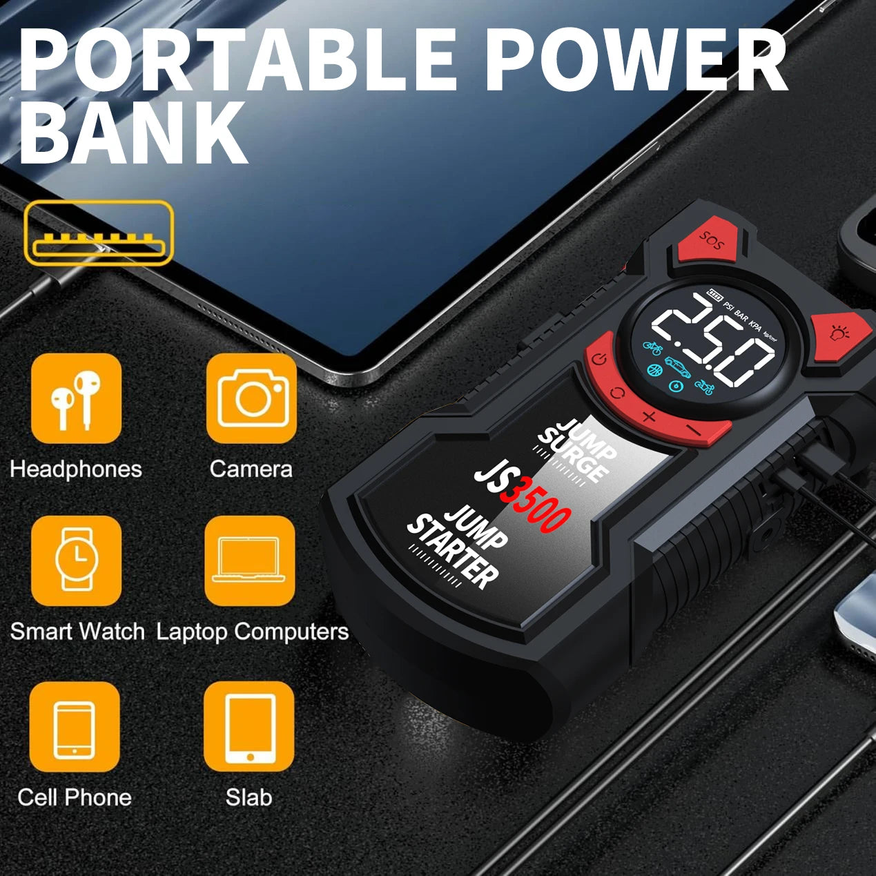 5-In-1 Jump Starter with Air Pump 5000A Peak Starter Box 150PSI Battery Pack with Digital Tire Inflator Car Battery Jump Starter