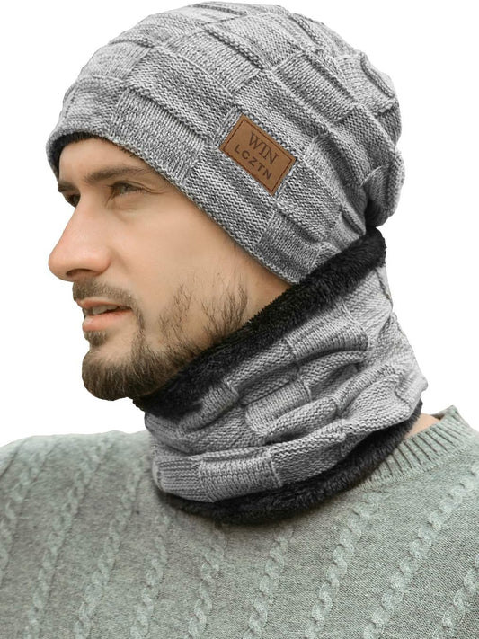 Mens Winter Beanie Hat Scarf Set Warm Fleece Lined Knit Ski Hats Slouchy Skull Cap for Unisex Gift