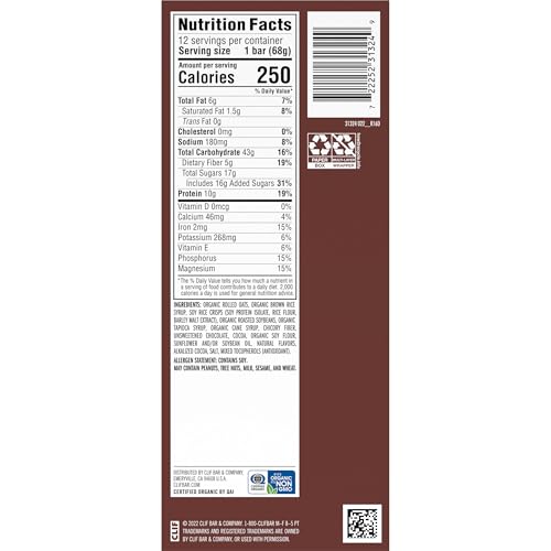 CLIF BAR - Chocolate Brownie Flavor - Made with Organic Oats - Energy Bars - Non-GMO - Plant Based Protein Bars (12 Pack)