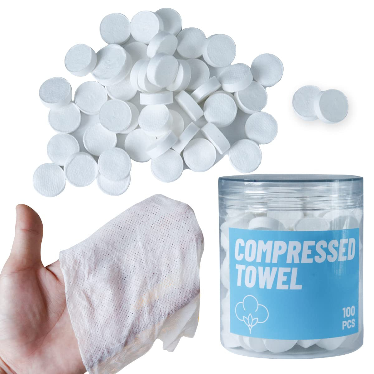 Compressed Cotton Coin Tissue Towel, 100 PCS (8In8In) - Ideal for Camping, Sports