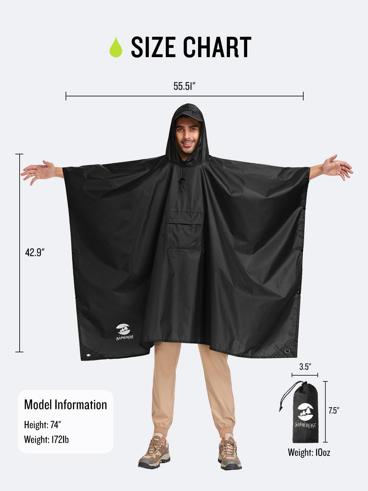 SaphiRose Extra Thick Hooded Rain Poncho Double Layer Waterproof Raincoat Jacket for Men Women Adults