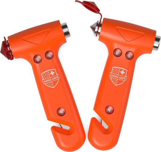 Swiss Safe Durable 5-1 Car Safety Hammer Window Breaker Breaker Tool w/Seatbelt Cutter - Emergency Escape Glass Hammer - Truck, Car Safety Essentials & Accessories - Orange, 2 Pack