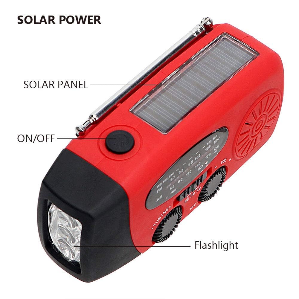 TFTDOUP FM/AM/NOAA Weather Radio Hand Crank Self Powered Solar Portable Mini Emergency Survival Radios with 3 LED Super Bright Flashlight 2000mah Battery Operated Power Smart Phone Charger,SOS
