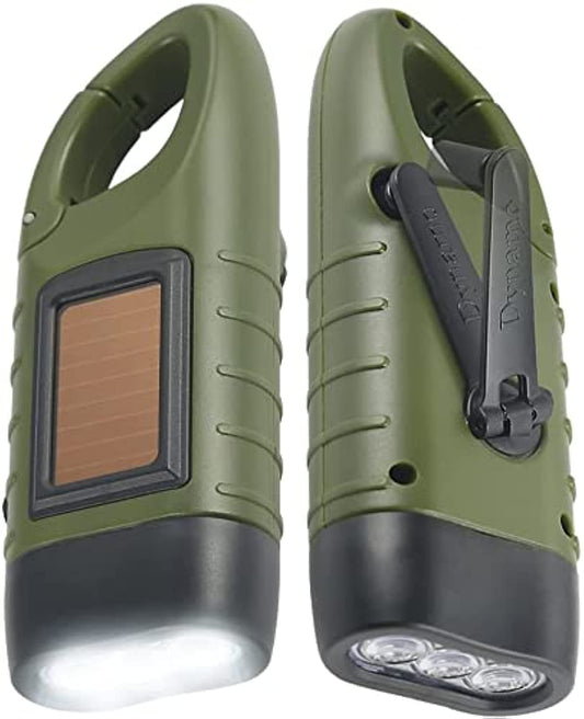 Simpeak 2-Pack Hand Crank Solar Powered Flashlight, Emergency Rechargeable LED Survival Flashlight, Quick Snap Carbiner Dynamo Flash Light Torch for Outdoor Sports, Green
