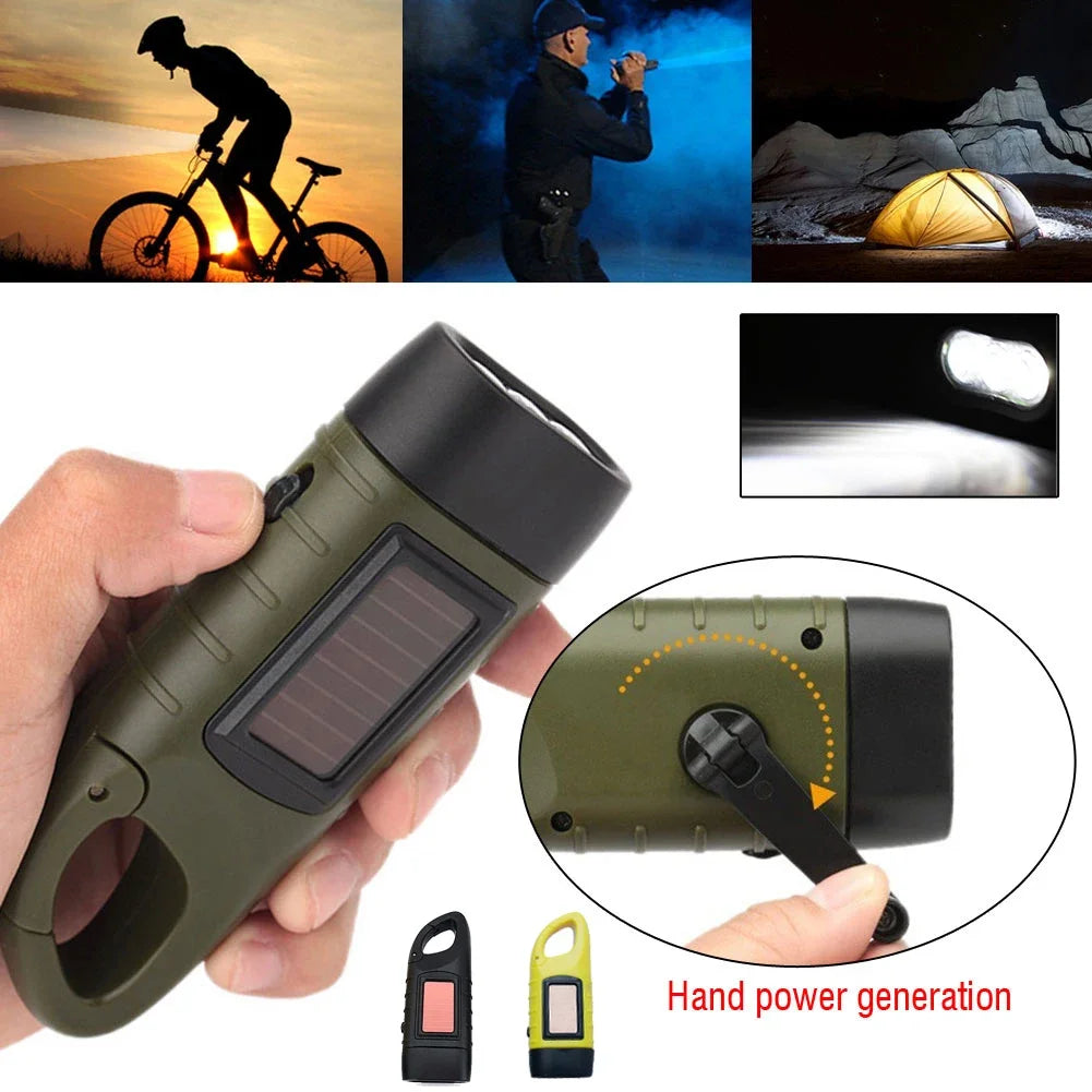 Portable LED Flashlight Tent Light Hand Crank Dynamo Solar Power Torch for Outdoor Camping Hiking Long-Range Emergency Lantern