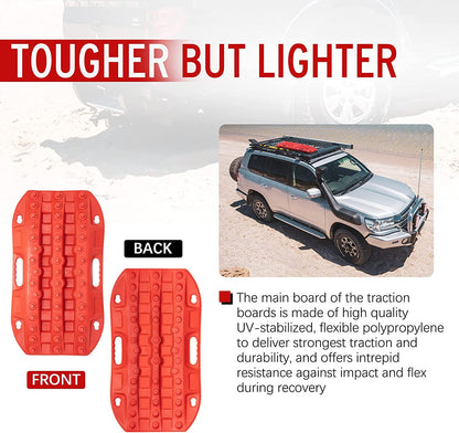 off Road Traction Boads, 2 Pcs Short Recovery Track Traction Mats for 4WD Mud, Sand, Snow Ramps-Red Tire Traction Tool (Without Strap)