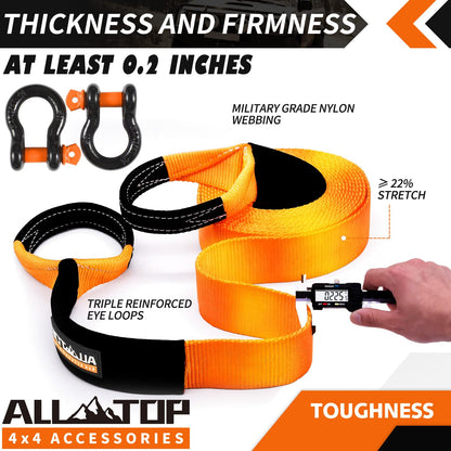 ALL-TOP Extreme Duty Tow Strap Recovery Kit: 4inch x 30ft (46,500lbs) 100% Nylon and 22% Elongation Snatch Strap + 3/4 Heavy Duty D Ring Shackles (2pcs) + Storage Bag