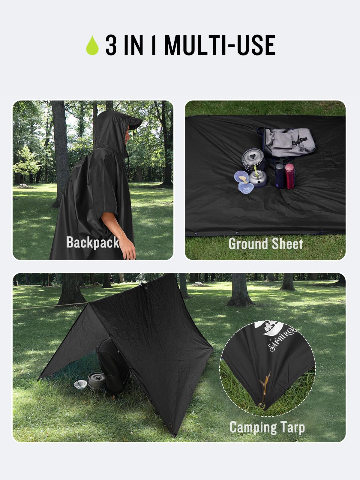 SaphiRose Extra Thick Hooded Rain Poncho Double Layer Waterproof Raincoat Jacket for Men Women Adults