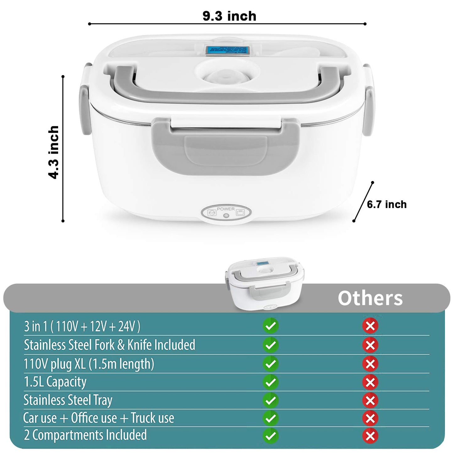 HengLiSam Electric Lunch Box Food Heater 80W Fast Heated Lunch Box for Adults, 1.5L Portable Food Warmer loncheras 12V/24V/110V for Car/Home/Office with Fork Spoon and Insulated Lunch Bag