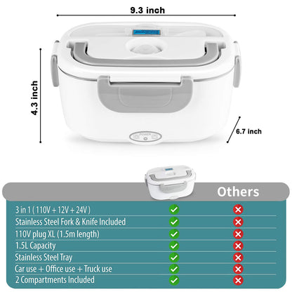 HengLiSam Electric Lunch Box Food Heater 80W Fast Heated Lunch Box for Adults, 1.5L Portable Food Warmer loncheras 12V/24V/110V for Car/Home/Office with Fork Spoon and Insulated Lunch Bag