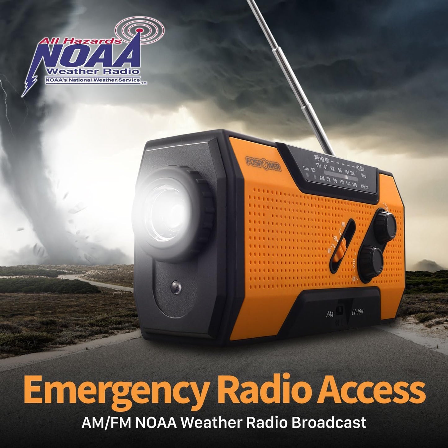 FosPower NOAA Emergency Weather Radio A1 7400mWh Portable Power Bank, AM/FM, USB/Solar/Hand Crank Charging, Battery Operated, SOS Alarm & Flashlight for Indoor/Outdoor Emergency - Orange