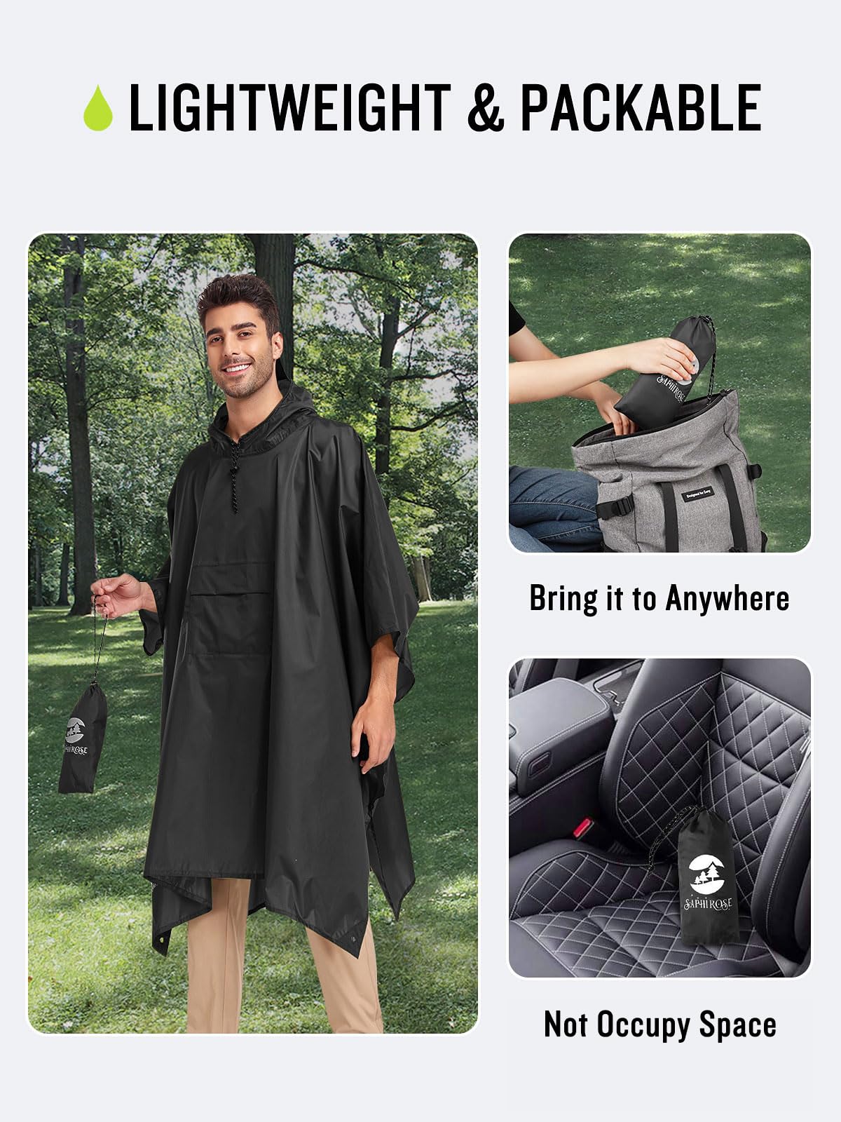 SaphiRose Extra Thick Hooded Rain Poncho Double Layer Waterproof Raincoat Jacket for Men Women Adults