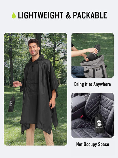 SaphiRose Extra Thick Hooded Rain Poncho Double Layer Waterproof Raincoat Jacket for Men Women Adults
