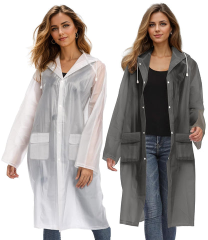 Besshopie EVA Raincoat Lightweight Rain Poncho for Adult Women Reusable 2Pack Long Clear Rain Wear,Black and White,Medium