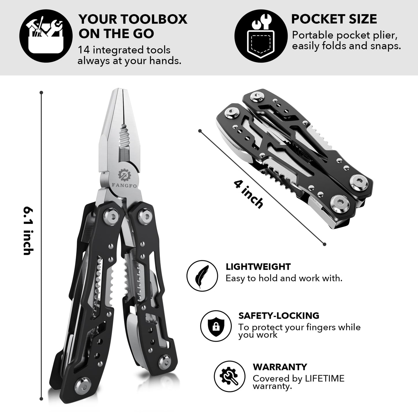 14-In-1 Multitool with Safety Locking, Professional Stainless Steel Multitool Pliers Pocket Knife, Bottle Opener, Screwdriver with Nylon Sheath ，Apply to Survival,Camping, Hunting and Hiking 1 Pcs
