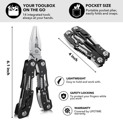 14-In-1 Multitool with Safety Locking, Professional Stainless Steel Multitool Pliers Pocket Knife, Bottle Opener, Screwdriver with Nylon Sheath ，Apply to Survival,Camping, Hunting and Hiking 1 Pcs