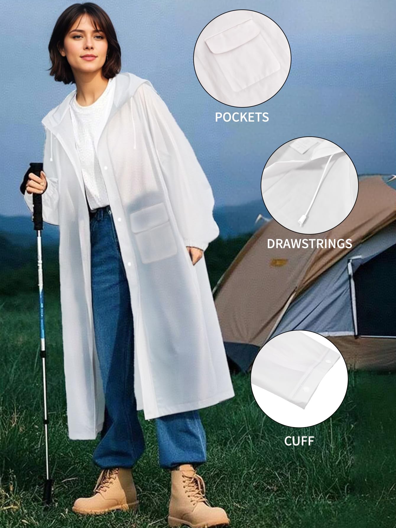 Besshopie EVA Raincoat Lightweight Rain Poncho for Adult Women Reusable 2Pack Long Clear Rain Wear,Black and White,Medium