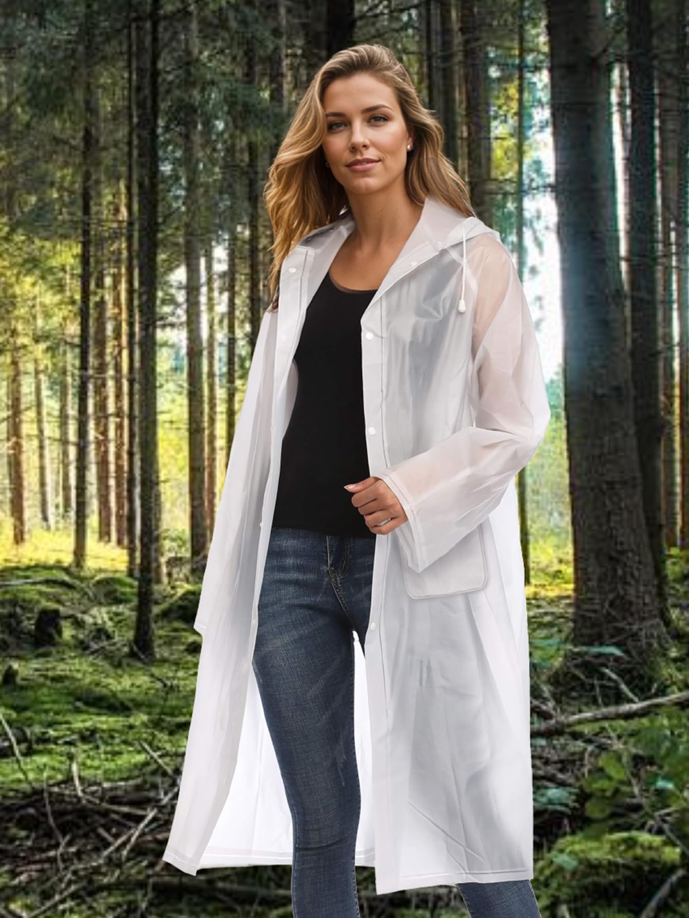 Besshopie EVA Raincoat Lightweight Rain Poncho for Adult Women Reusable 2Pack Long Clear Rain Wear,Black and White,Medium