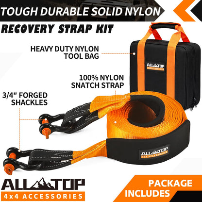 ALL-TOP Extreme Duty Tow Strap Recovery Kit: 4inch x 30ft (46,500lbs) 100% Nylon and 22% Elongation Snatch Strap + 3/4 Heavy Duty D Ring Shackles (2pcs) + Storage Bag