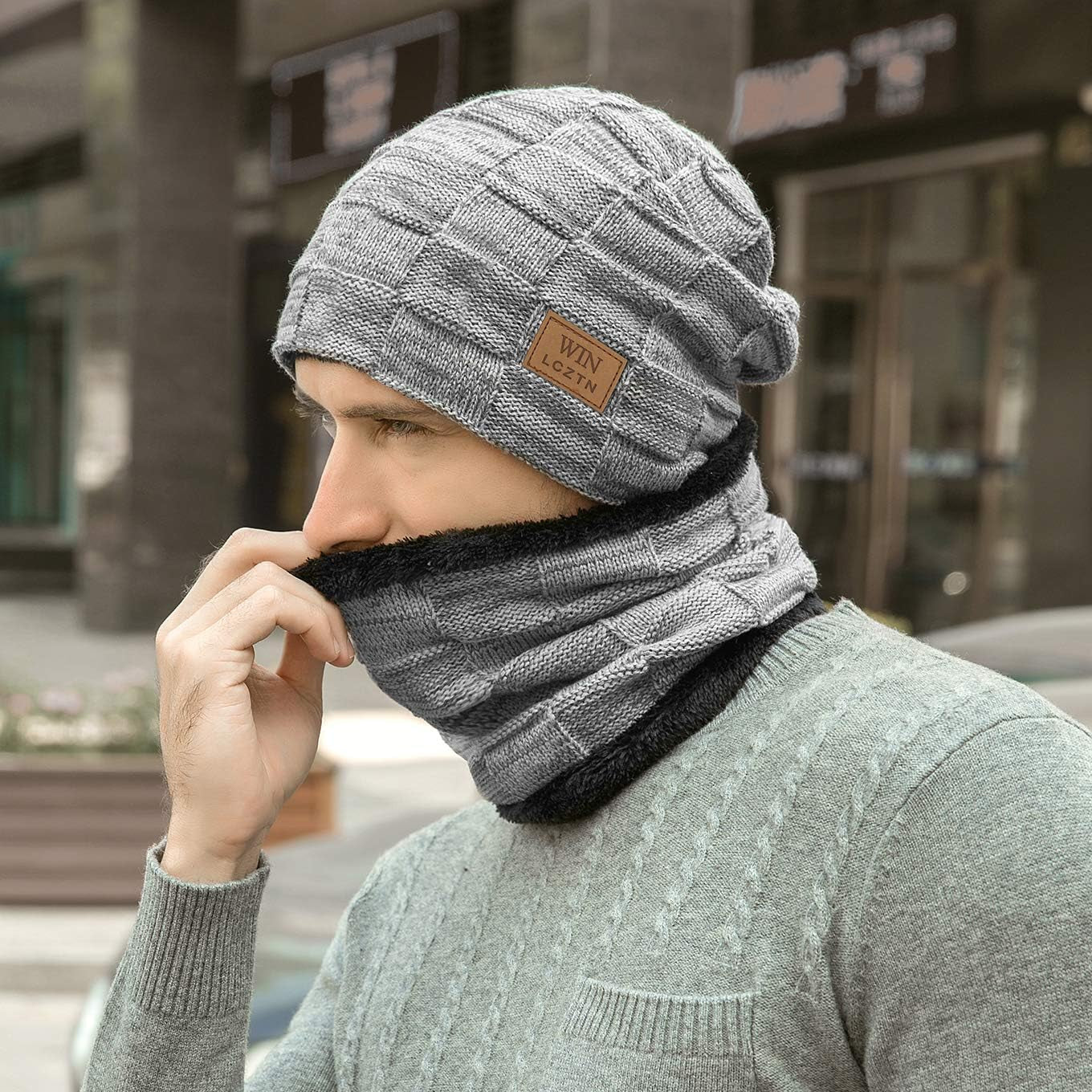 Mens Winter Beanie Hat Scarf Set Warm Fleece Lined Knit Ski Hats Slouchy Skull Cap for Unisex Gift