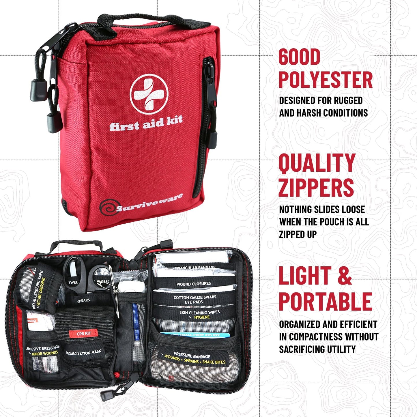 Surviveware 98 Pcs Comprehensive Premium Survival First Aid Kit - Medical Emergency Kit for Travel Camping Gear, Home Essentials & Outdoor Emergencies - HSA & FSA Eligible Survival Kit
