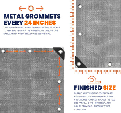 Tarpco Safety Extra Heavy Duty 14 Mil Tarp Cover, Waterproof, UV Resistant, Rip and Tear Proof, Poly Tarpaulin with Reinforced Edges for Roof, Camping, Patio, Pool, Boat (Silver/Black 6′ X 8′)