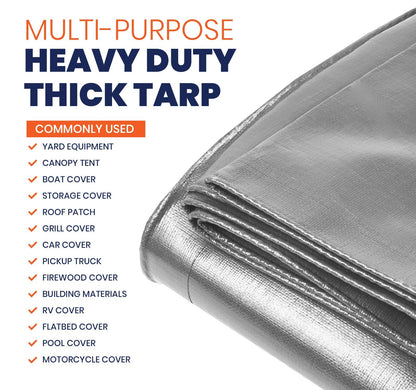 Tarpco Safety Extra Heavy Duty 14 Mil Tarp Cover, Waterproof, UV Resistant, Rip and Tear Proof, Poly Tarpaulin with Reinforced Edges for Roof, Camping, Patio, Pool, Boat (Silver/Black 6′ X 8′)