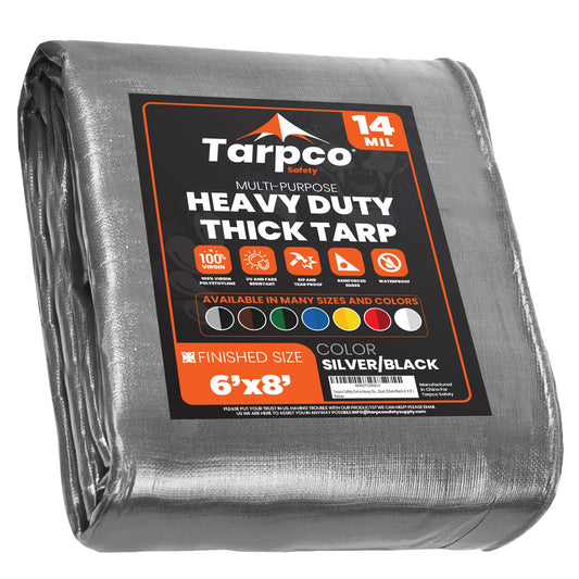 Tarpco Safety Extra Heavy Duty 14 Mil Tarp Cover, Waterproof, UV Resistant, Rip and Tear Proof, Poly Tarpaulin with Reinforced Edges for Roof, Camping, Patio, Pool, Boat (Silver/Black 6′ X 8′)