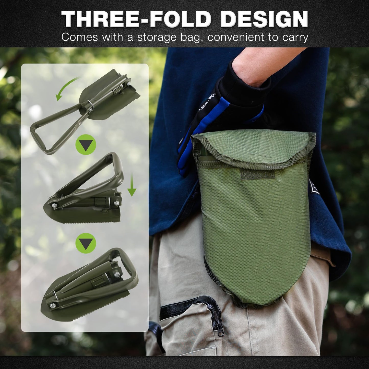 REDCAMP 23" Military Folding Camping Shovel w/Cover,Portable Shovel with High Manganese Steel, Tactical Entrenching Tool Tri-fold Handle Shovel for Camping Hiking Sand Mud Snow Beach, Green 2.5Lbs