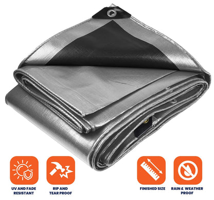 Tarpco Safety Extra Heavy Duty 14 Mil Tarp Cover, Waterproof, UV Resistant, Rip and Tear Proof, Poly Tarpaulin with Reinforced Edges for Roof, Camping, Patio, Pool, Boat (Silver/Black 6′ X 8′)