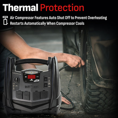 Schumacher Electric 1200A Car Battery Jump Starter and Portable Power Station, 6-in-1 Solution for 12V Batteries, 150-PSI Air Compressor, 200 Continuous/400 Peak Watt Inverter, SJ1332